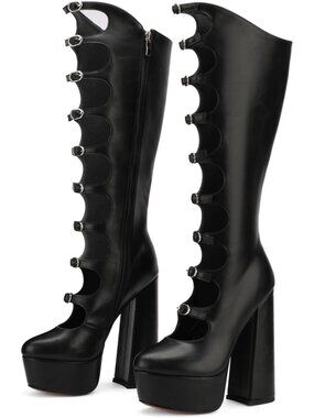 Women's Goth-Black Faux Leather Punk Combat Mid Calf Knee High Chunky Heels Boot